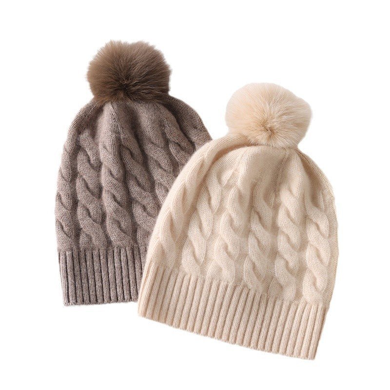 Unisex Pure Cashmere Cable Knit Beanie with Fur Pom Cashmere Hat Multi Colors