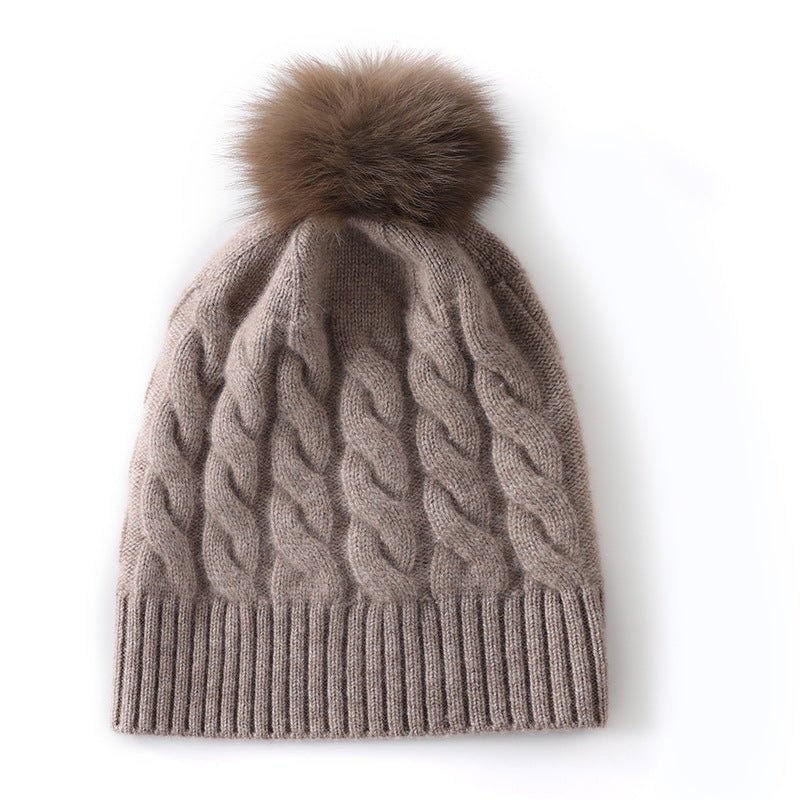 Unisex Pure Cashmere Cable Knit Beanie with Fur Pom Cashmere Hat Multi Colors