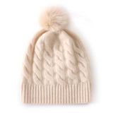 Unisex Pure Cashmere Cable Knit Beanie with Fur Pom Cashmere Hat Multi Colors