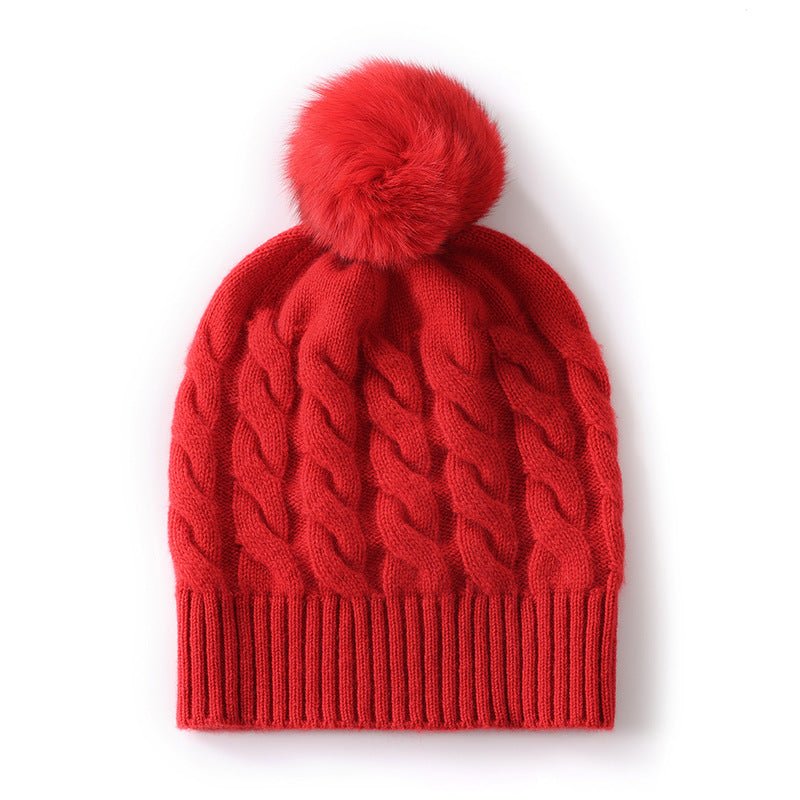 Unisex Pure Cashmere Cable Knit Beanie with Fur Pom Cashmere Hat Multi Colors