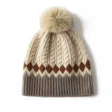 Pure Cashmere Hat with Fur Pom Cashmere Knitted Beanie for Women Cashmere Hats