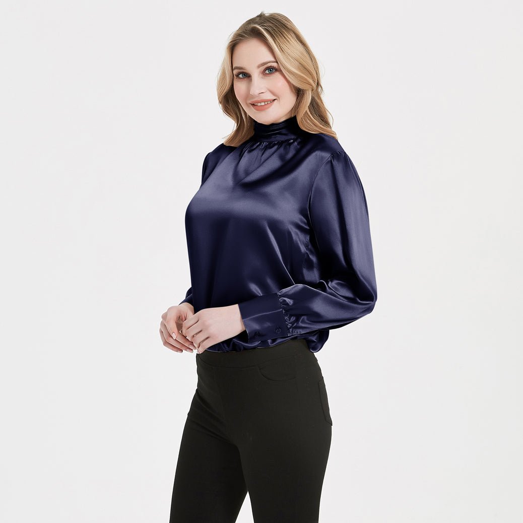 Retro Style Silk Blouse Silk Long Sleeves Ruffle Collar Shirt