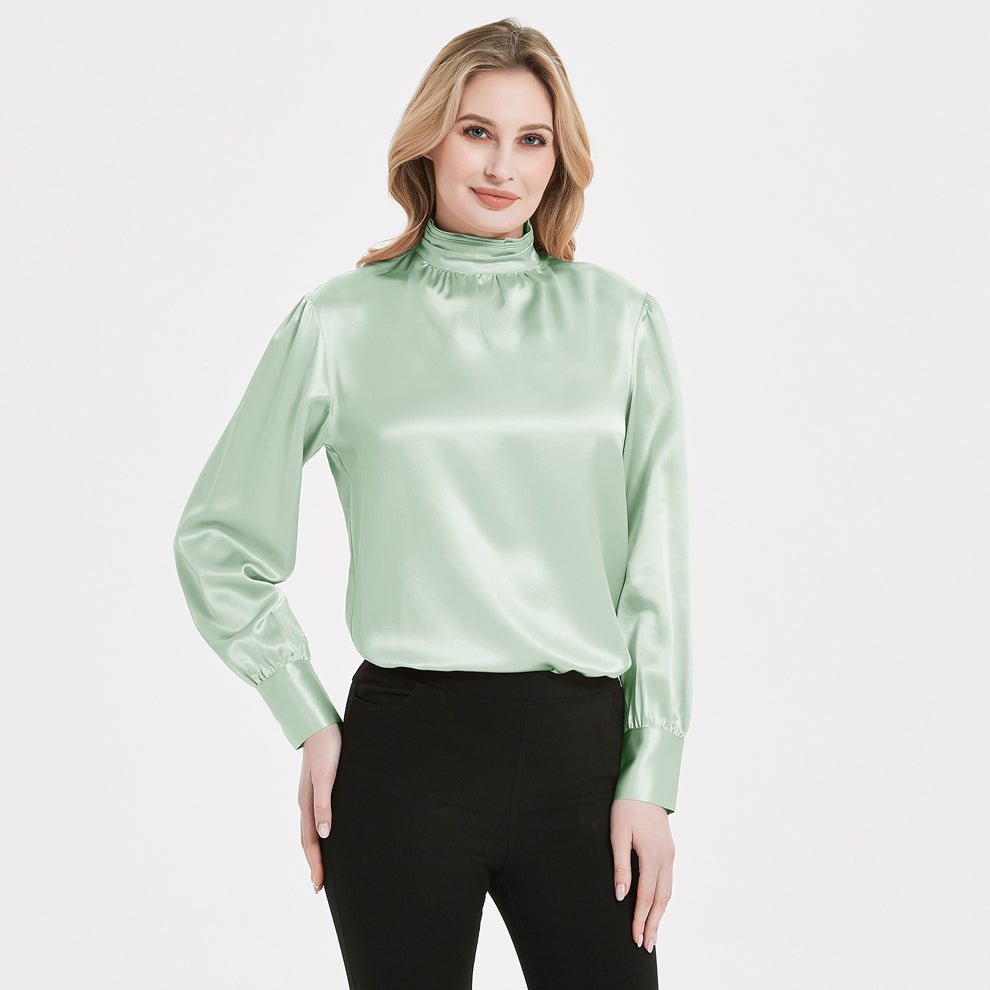 Retro Style Silk Blouse Silk Long Sleeves Ruffle Collar Shirt