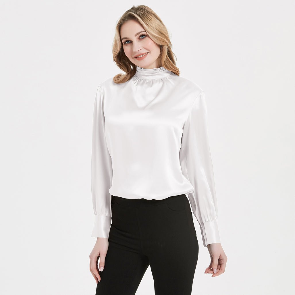 Retro Style Silk Blouse Silk Long Sleeves Ruffle Collar Shirt