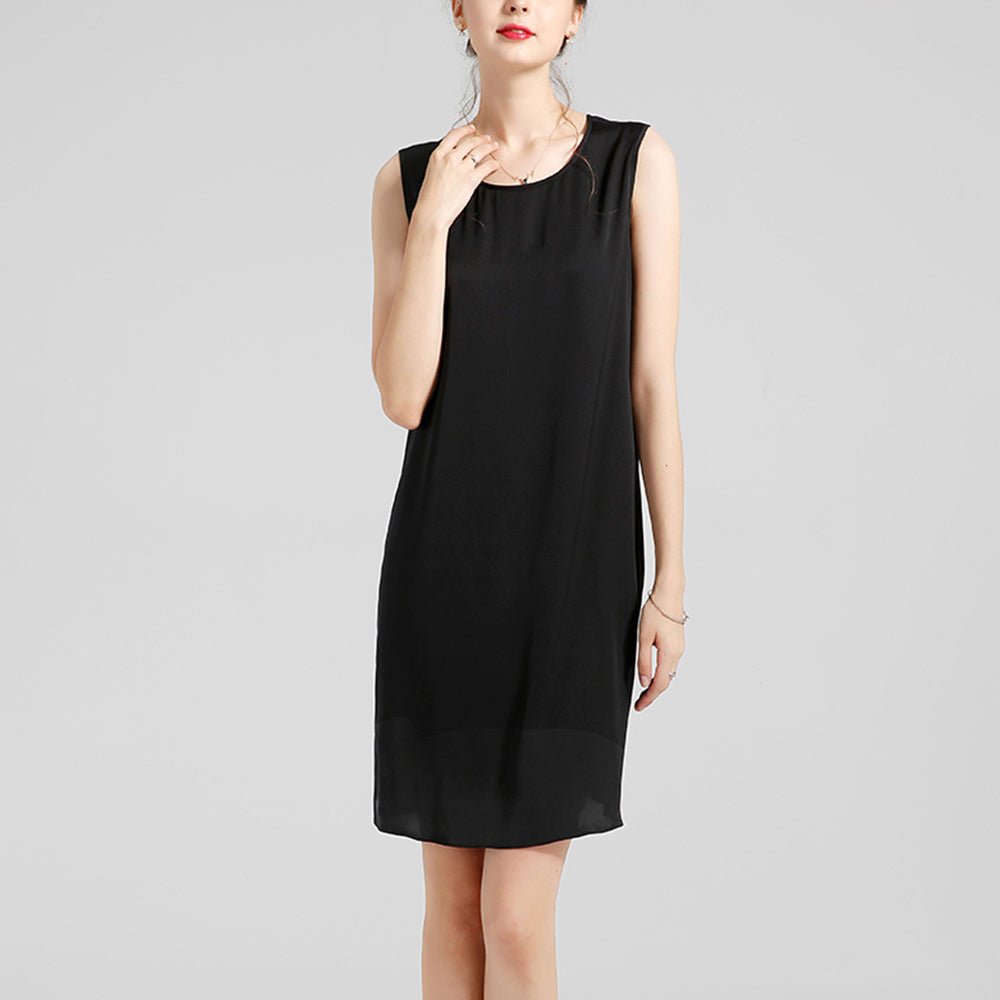 Classic Womens Black Silk Dresses 100% Pure Silk Round Neck Sleeveless Dress - slipintosoft