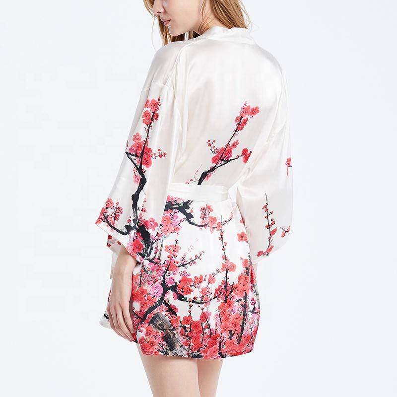 Short Blossom Print Silk Kimono For Women Cherry Blossom Silk Kimono