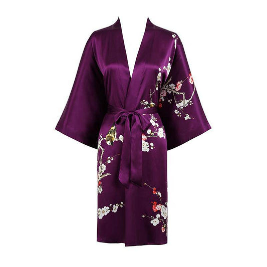 Short Silk Kimono Robe Cherry Blossom Silk Dressing Gown