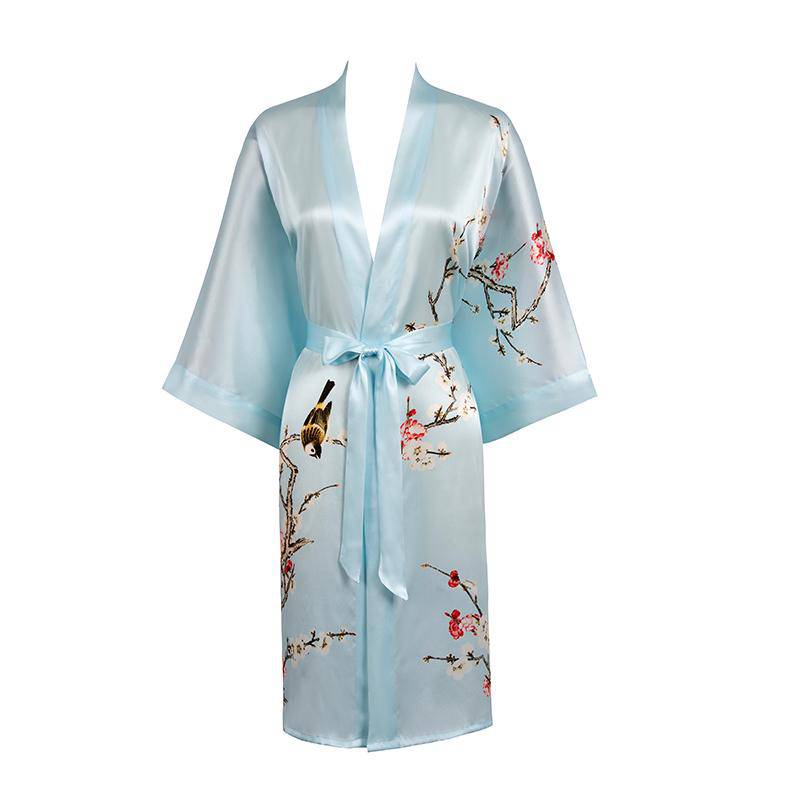 Short Silk Kimono Robe Women's Cherry Blossom Personalized Silk Kimono Dressing Gown Lounge Wears For Women -  slipintosoft