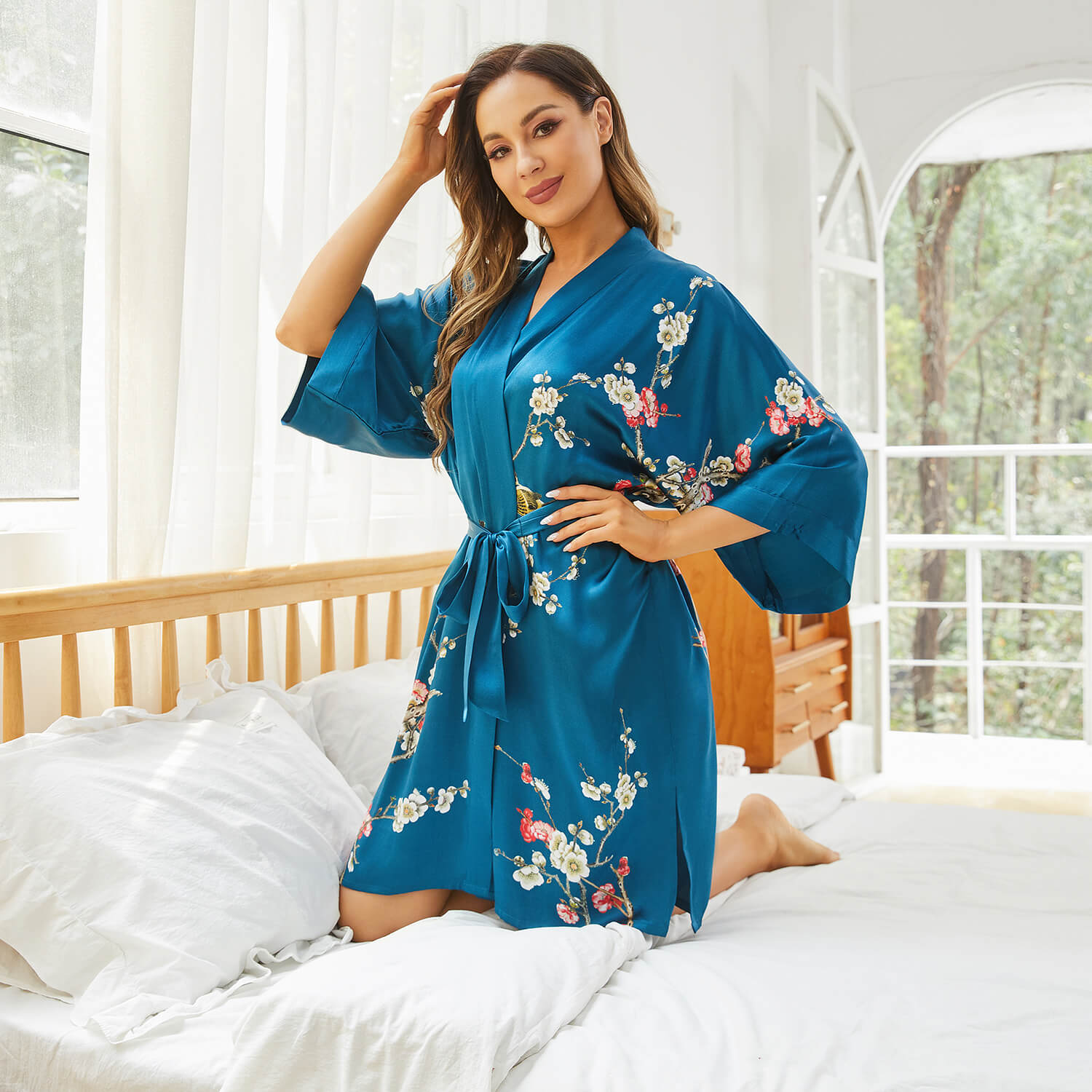 Short Silk Kimono Robe Women's Cherry Blossom Silk Dressing Gown For Women - slipintosoft