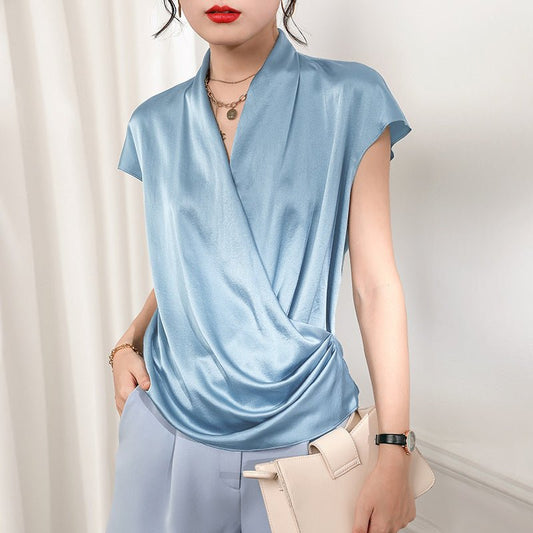 Short Sleeves Womens Silk Blouse V Neck Ladies Silk Tops