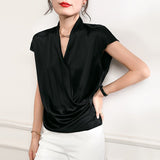 Womens Short Sleeves Wrap Silk Blouse Tops - slipintosoft