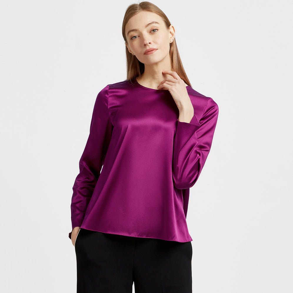 Mulberry Silk Blouse for women Long Sleeve Pullover Ladies Round Neck Silk Shirt - slipintosoft