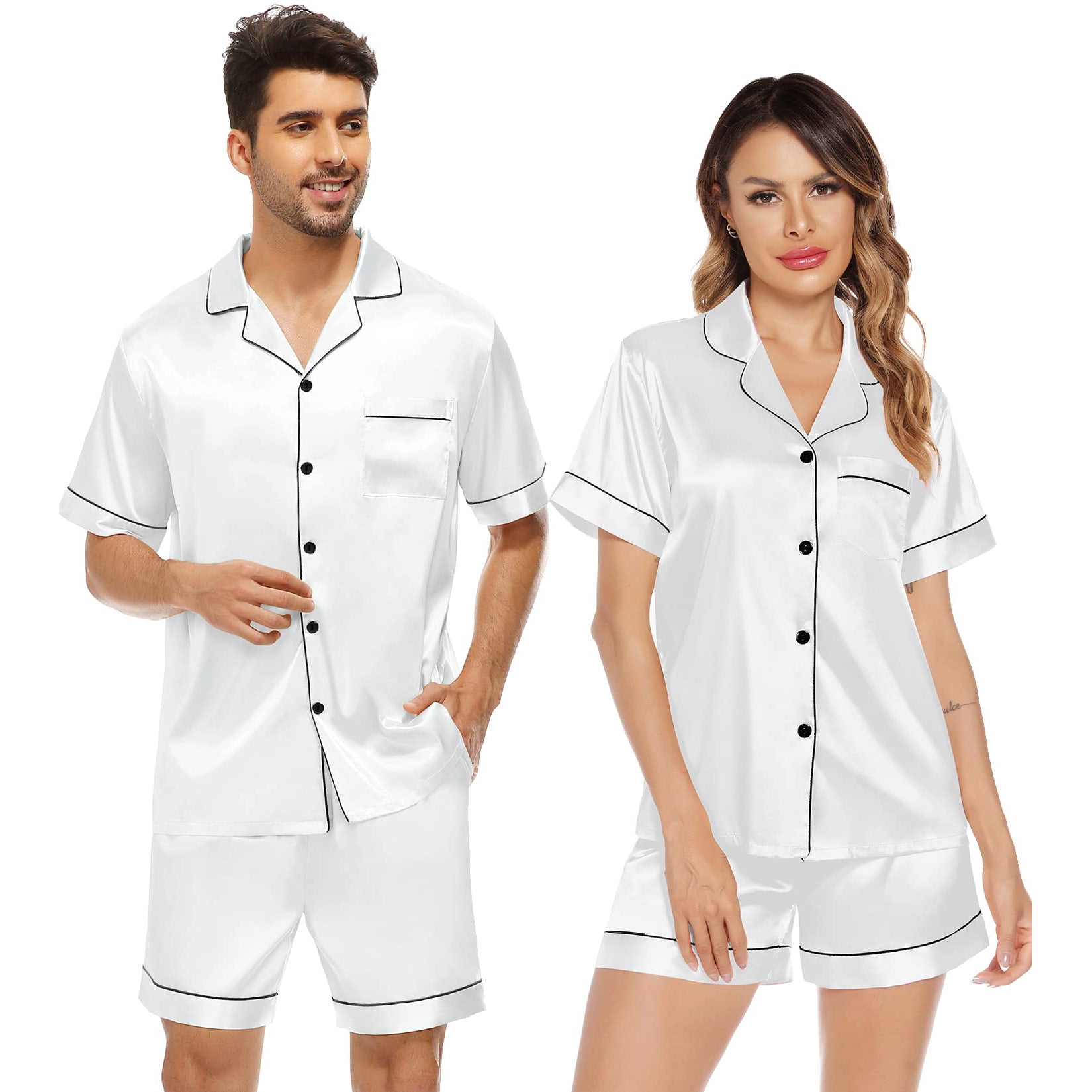 Short Silk Couple Pajamas Sets Silk Matching Pajamas for Women and Men - slipintosoft