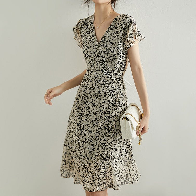 Silk Floral Dress for Women Silk Midi Dress Georgette Summer Dress Black XS