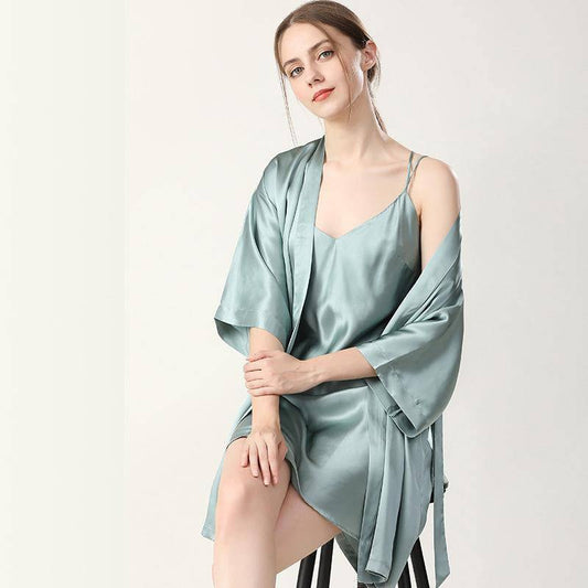 Women Pure Sexy Silk Nightgown And Robe Set