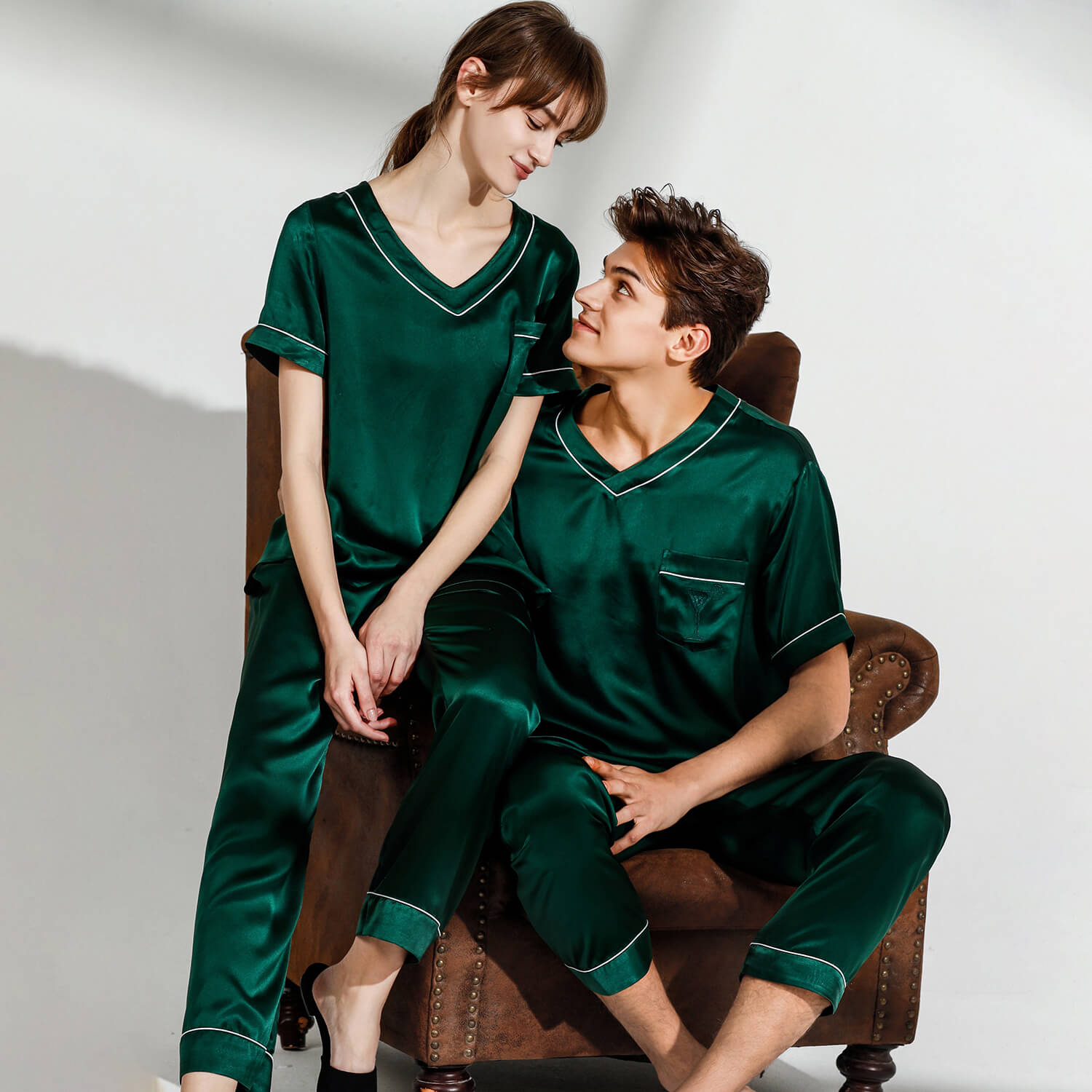 Silk Pajamas Set for Couple Matching Pjs V Neck pure Silk Pajamas