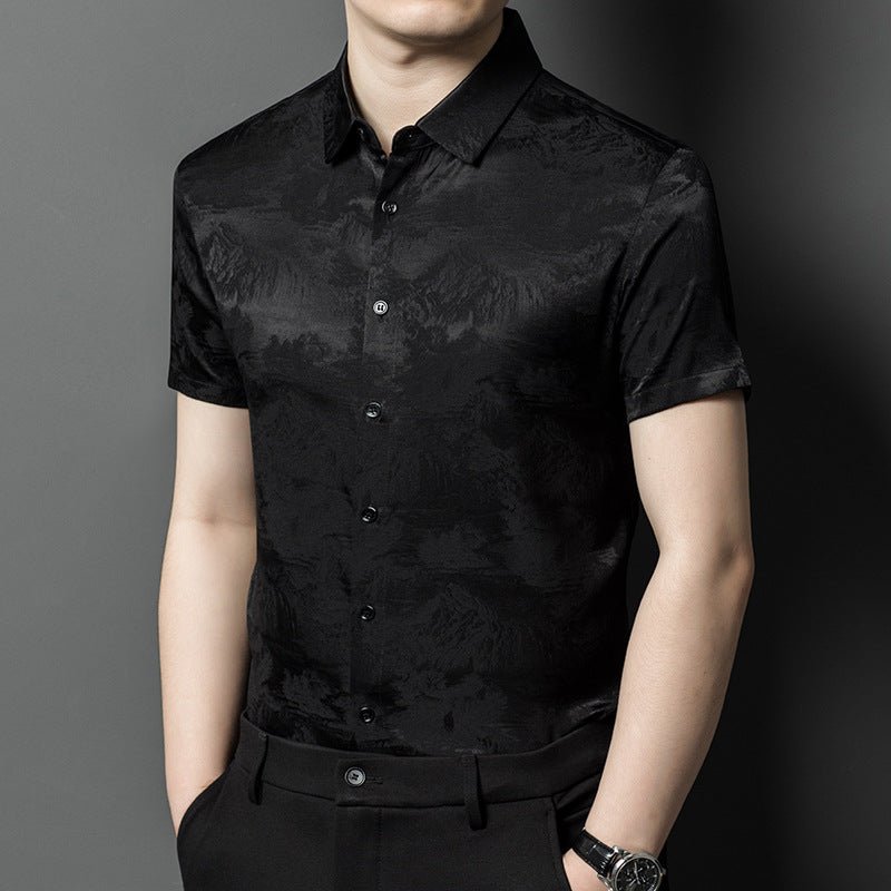 Silk Shirts for Men Short Sleeve Jacquard Silk Button Up Shirt