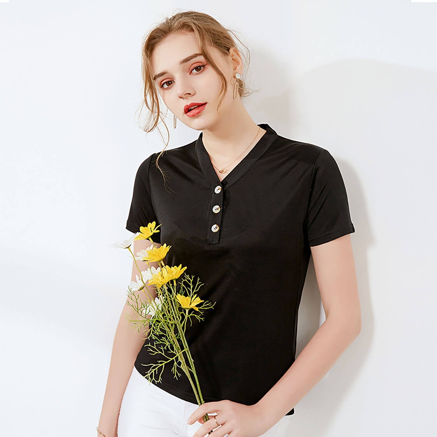 Silk top women's short - sleeved silk knitted bottoming shirt