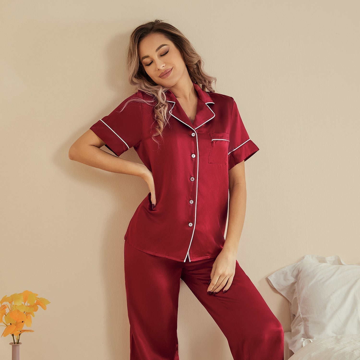 Classic Silk Two Piece Pajamas Set For Women luxury silk Sleepwear - slipintosoft