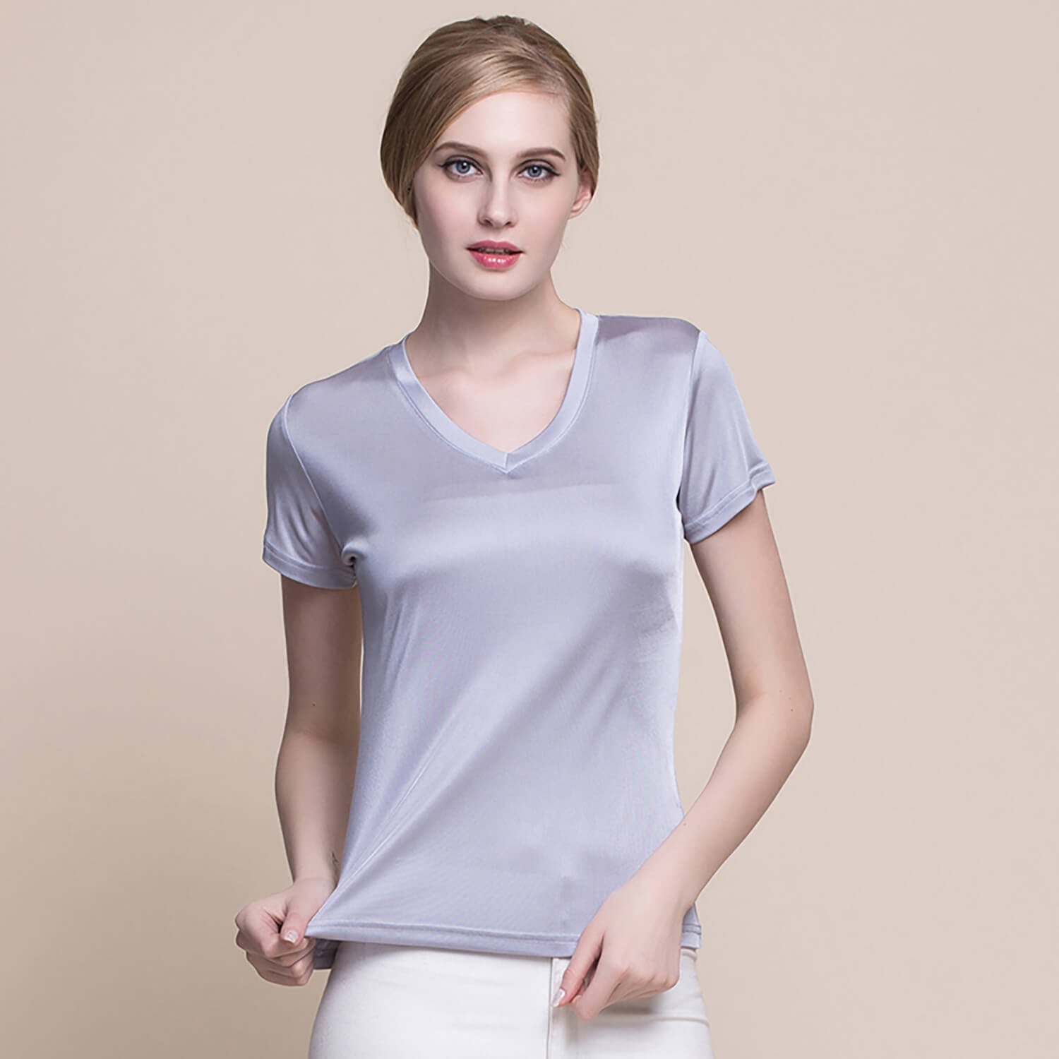 Silk v-neck short-sleeved t-shirt women's silk bottoming shirt women's top - slipintosoft