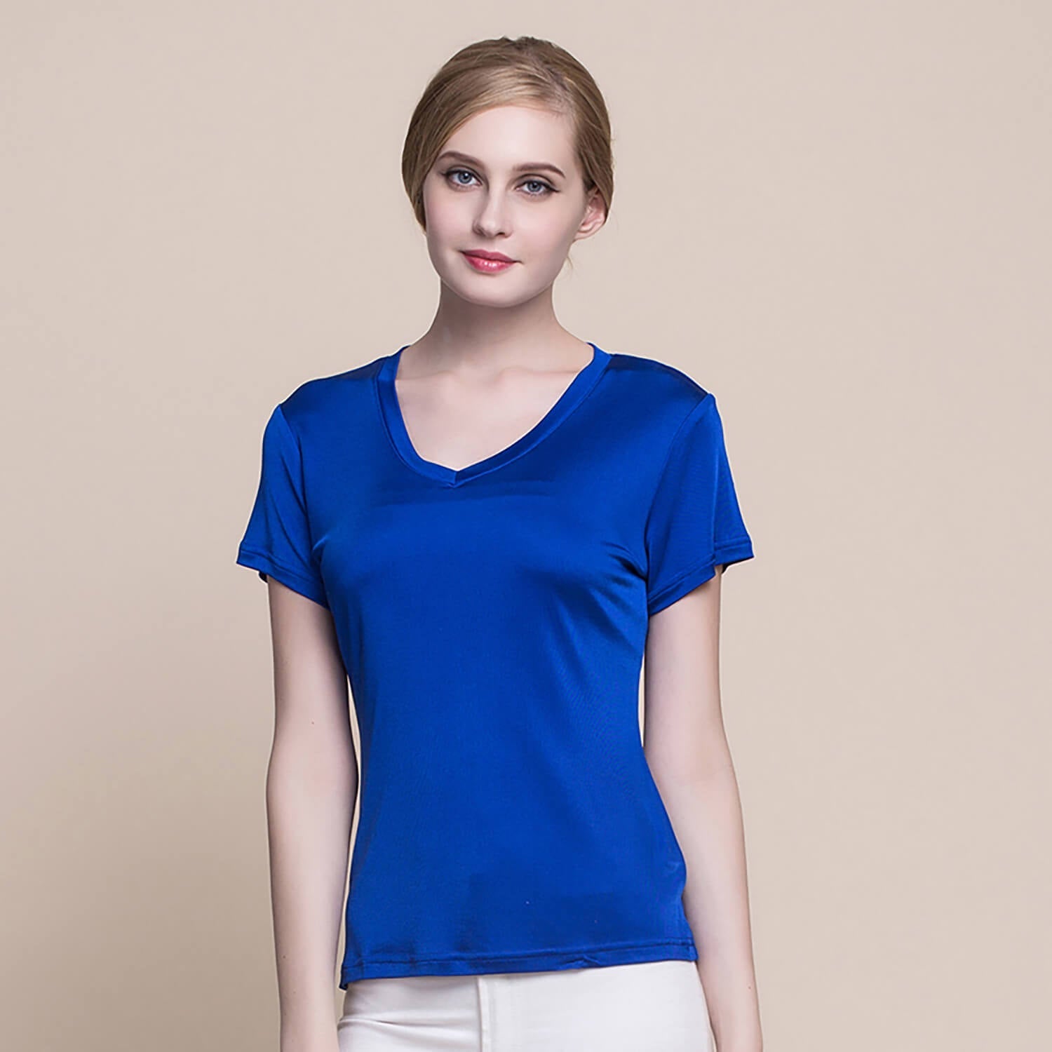 Silk v-neck short-sleeved t-shirt women's silk bottoming shirt women's top - slipintosoft