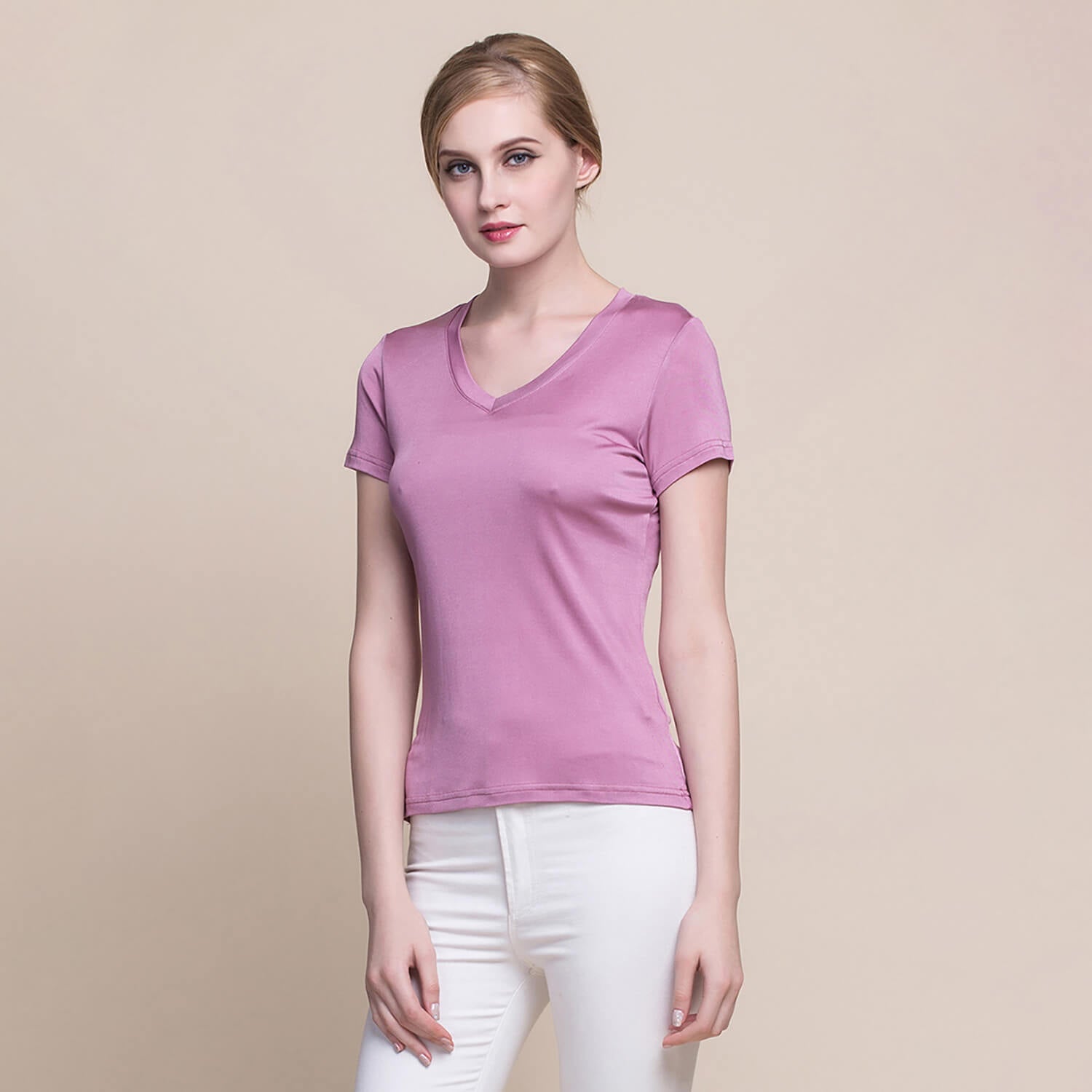 Silk v-neck short-sleeved t-shirt women's silk bottoming shirt women's top - slipintosoft