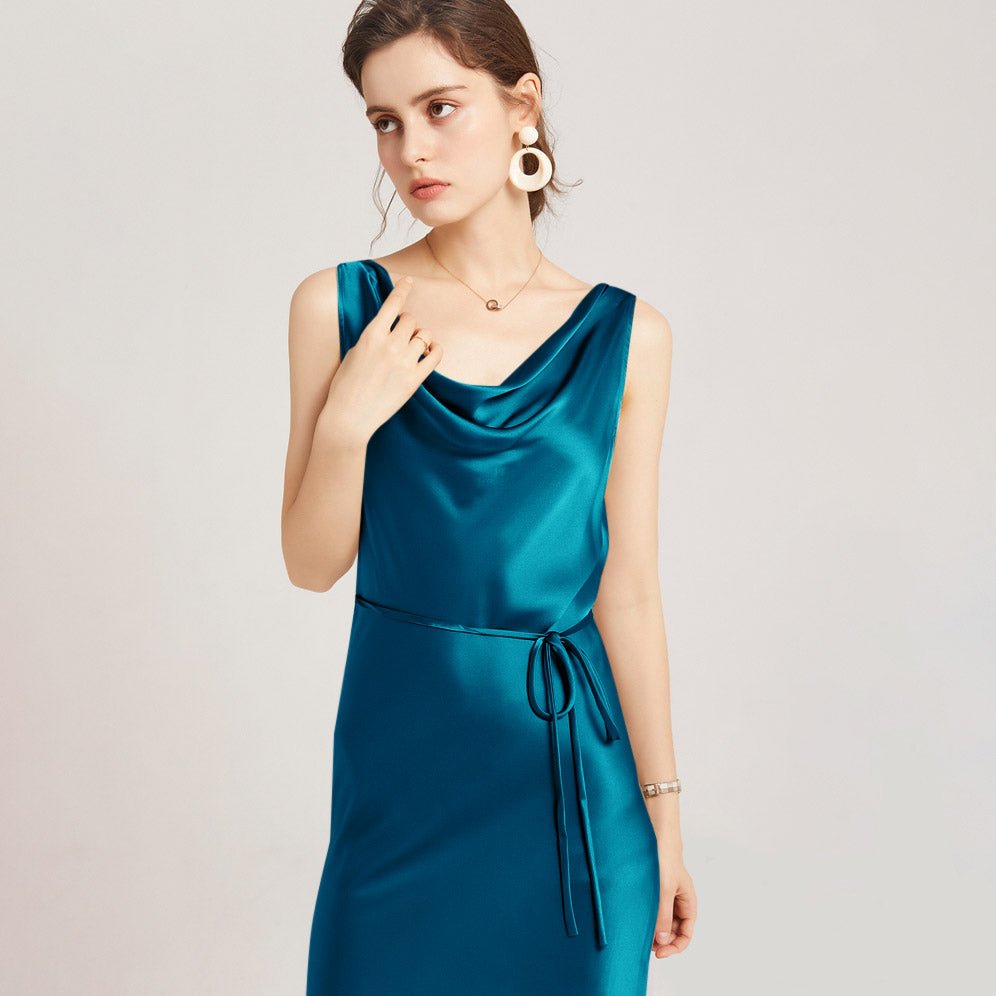 22 Momme Elegant Sleeveless Women's Silk Dress Cowl Neck Midi Silk Dress - slipintosoft