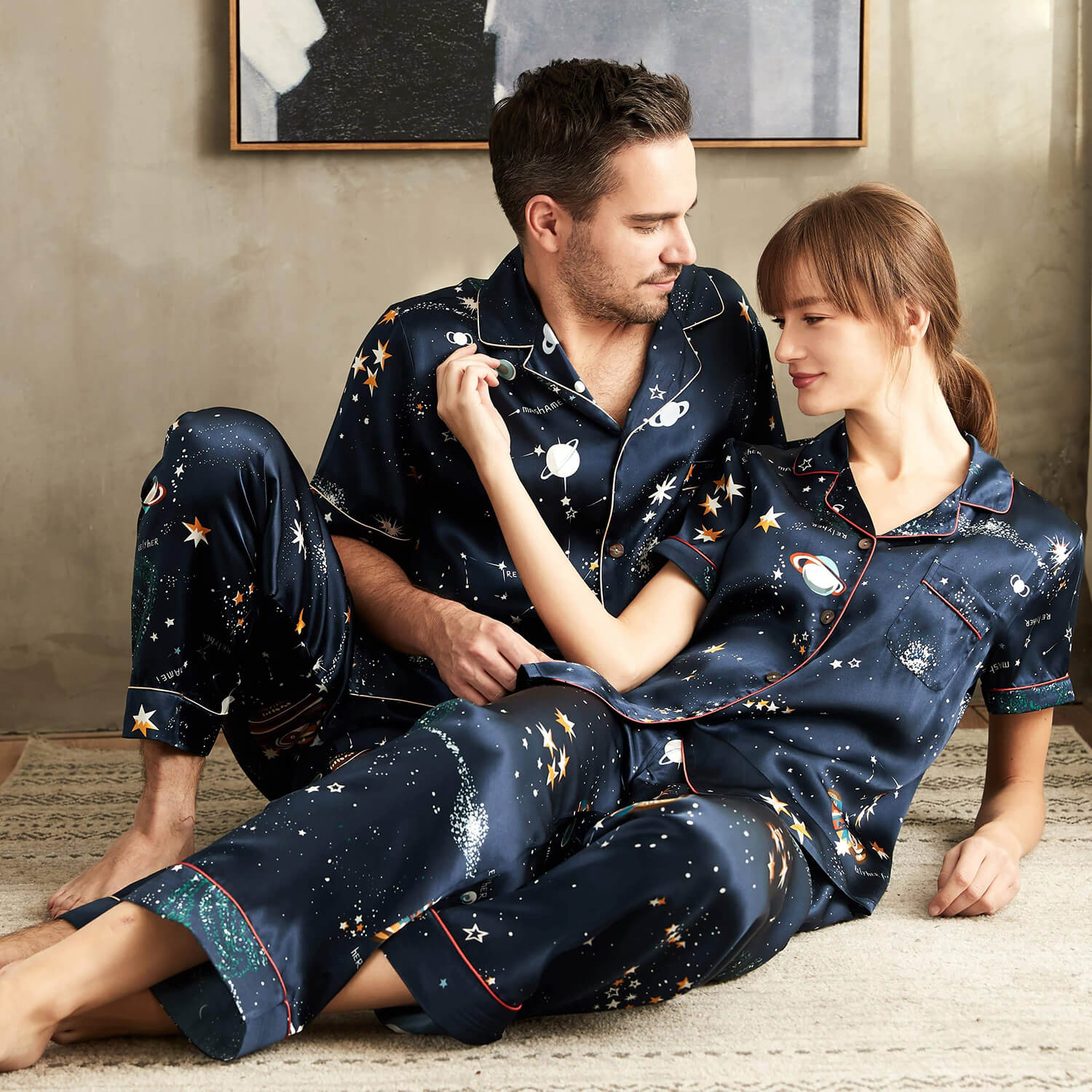 Short Printed Silk Matching Pajamas Silk Pajamas Sets for Couple