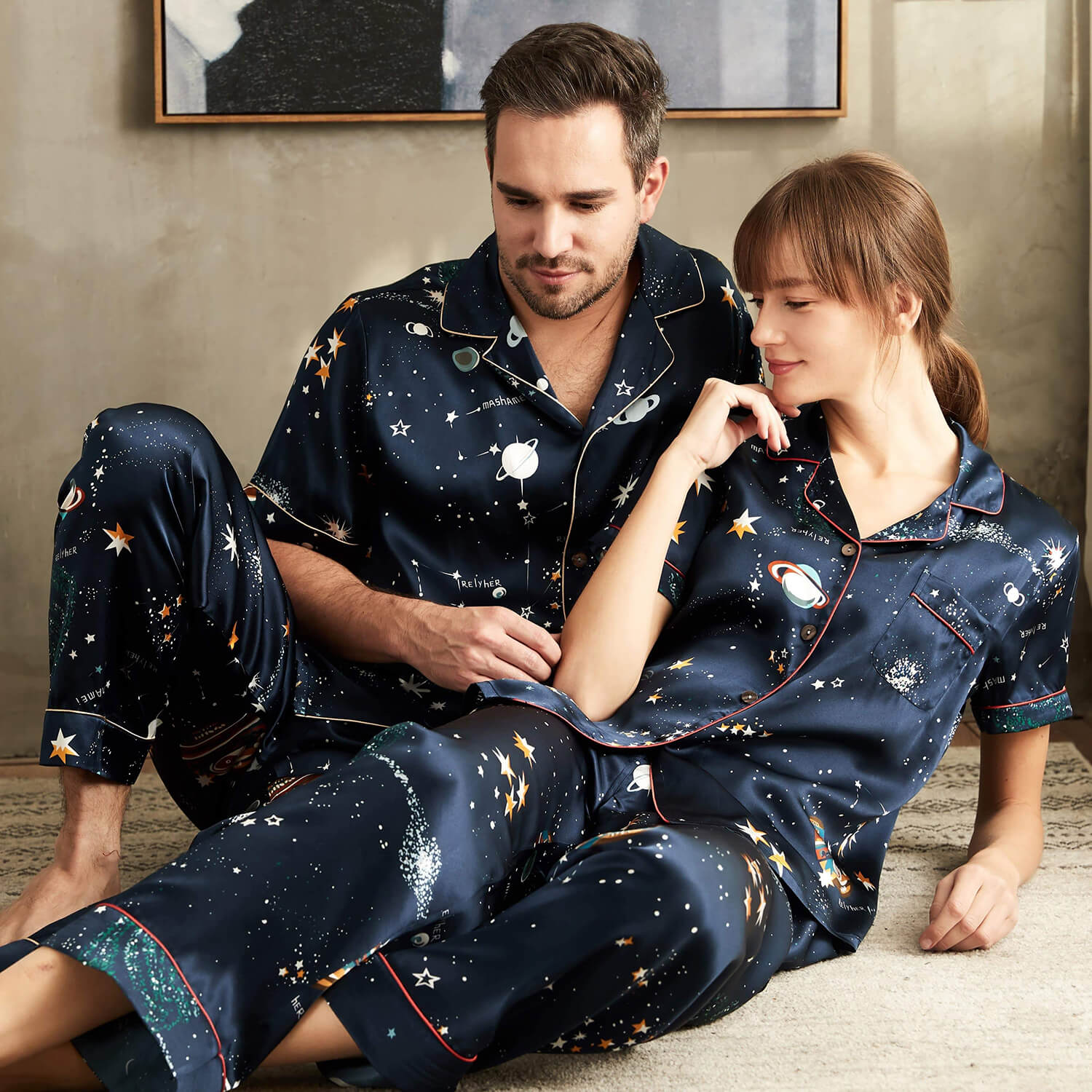 Short Printed Silk Matching Pajamas Silk Pajamas Sets for Couple