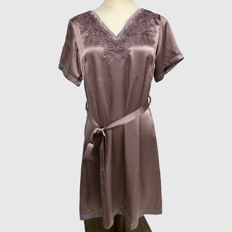 Soft Plum V - neck Short Sleeve Silk Lace Nightdress with Belt