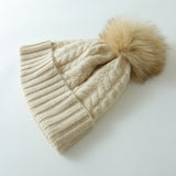 Solid Cashmere Chunky Knitted Hat with Fur Pom Womens Soft Cashmere Beanie for Winter