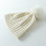 Solid Cashmere Chunky Knitted Hat with Fur Pom Womens Soft Cashmere Beanie for Winter