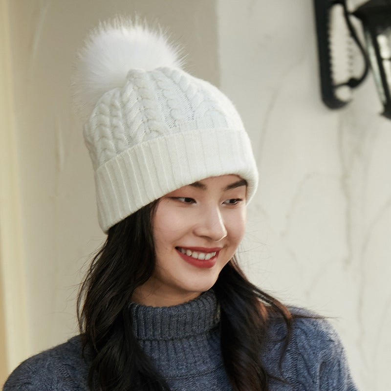 Solid Cashmere Chunky Knitted Hat with Fur Pom Womens Soft Cashmere Beanie for Winter