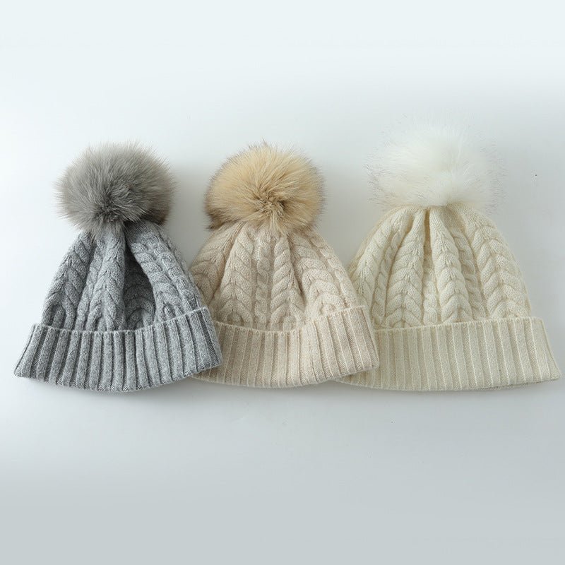 Solid Cashmere Chunky Knitted Hat with Fur Pom Womens Soft Cashmere Beanie for Winter