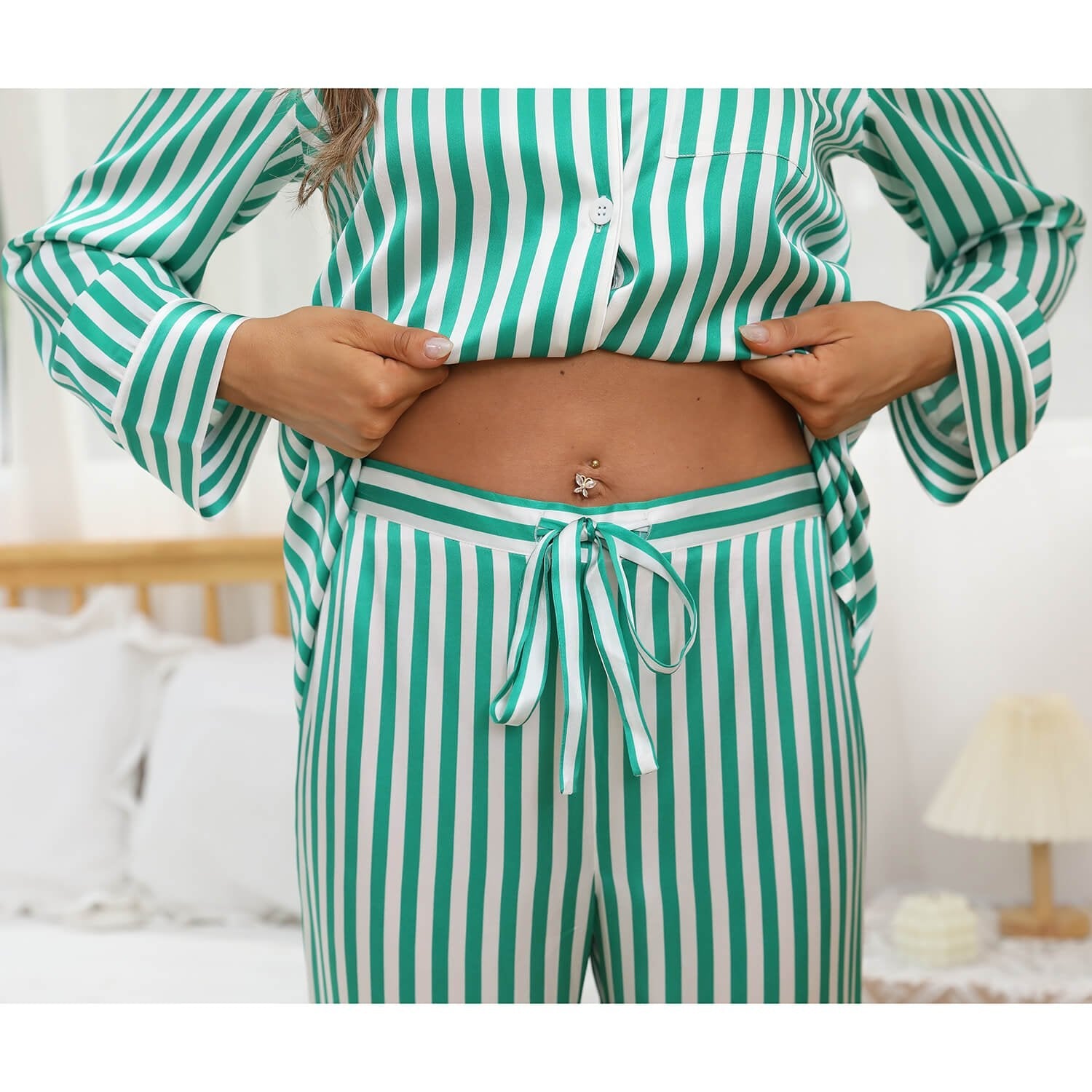 Women's Stripe Silk Sleepwear Set 100% Stripe Silk Pajamas