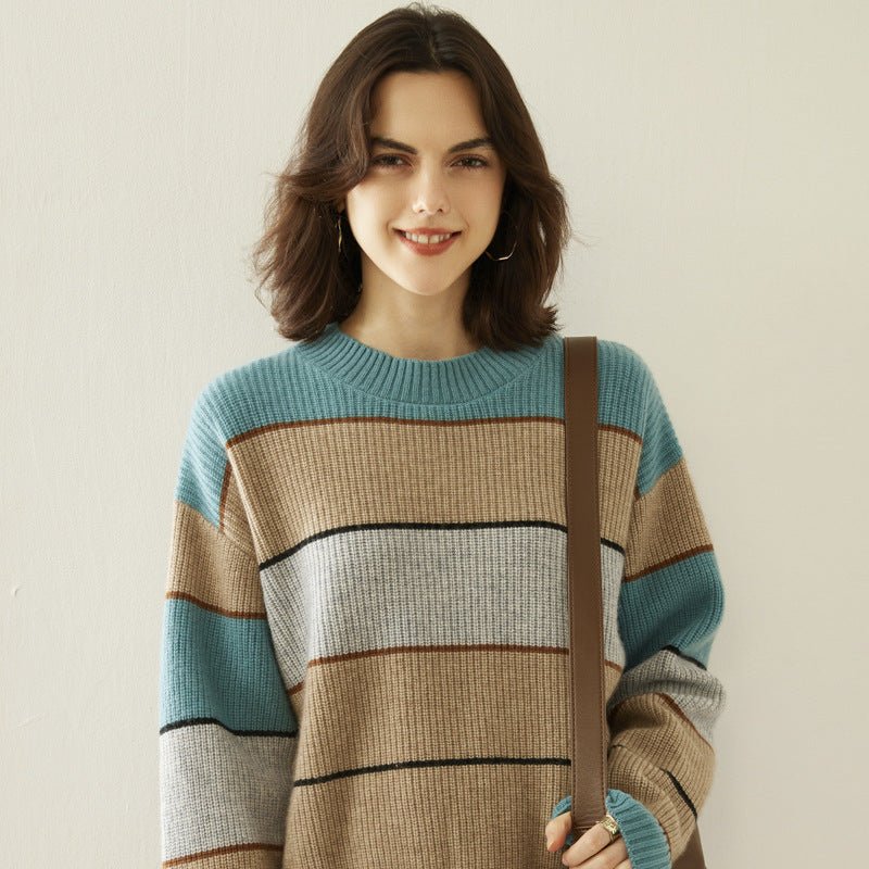 Striped Cashmere Sweater for Women Crew Neck Cashmere Blouses Drop Shoulder Wool Cashmere Sweater