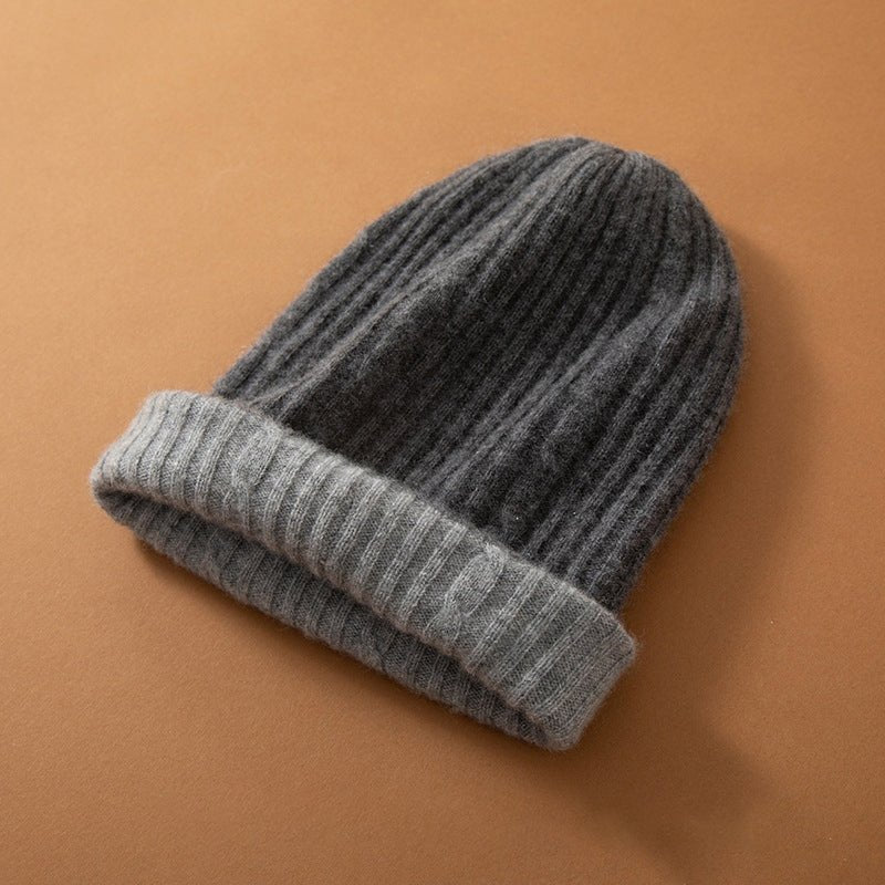 Thick Cashmere Beanie Ribbed Knit Cashmere Hats for Women Cuffed Beanie Cap