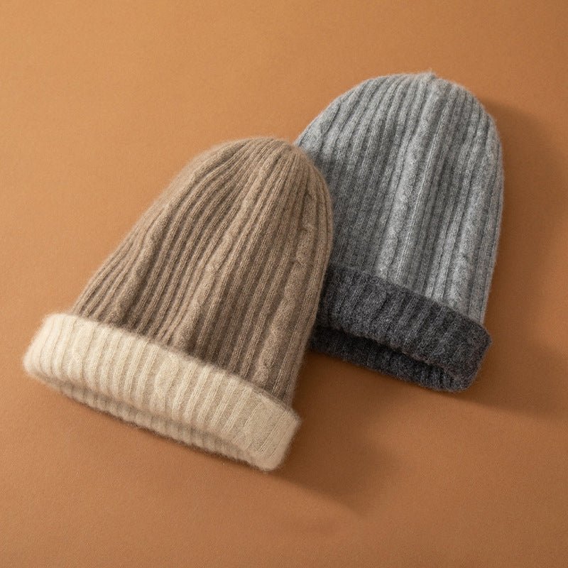 Thick Cashmere Beanie Ribbed Knit Cashmere Hats for Women Cuffed Beanie Cap