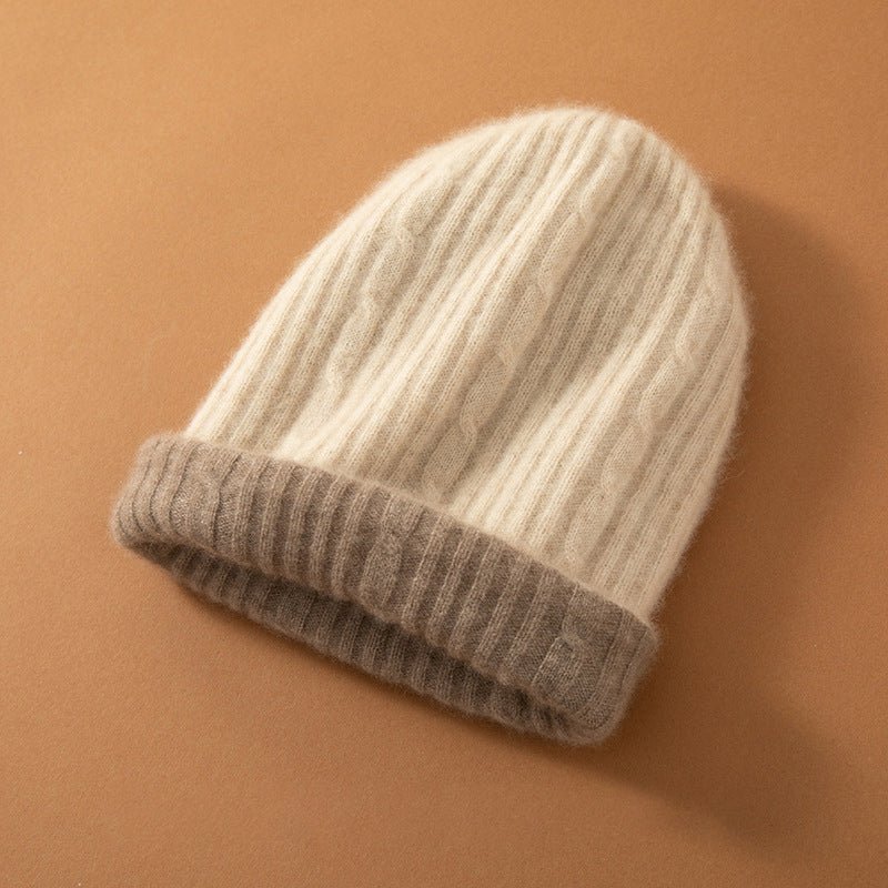 Thick Cashmere Beanie Ribbed Knit Cashmere Hats for Women Cuffed Beanie Cap