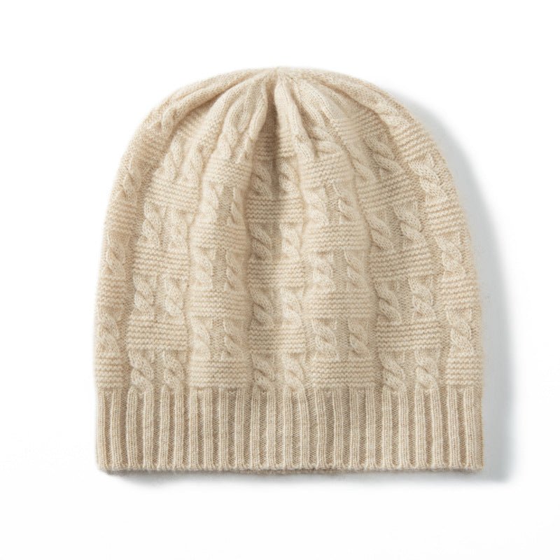 Thick Cashmere Beanie with Ribbing Edge Cable Knit Cashmere Hats for Fall Winter