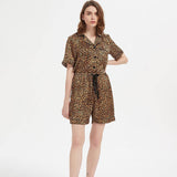 Two - piece Leopard Printed Silk Pajama Shorts Set