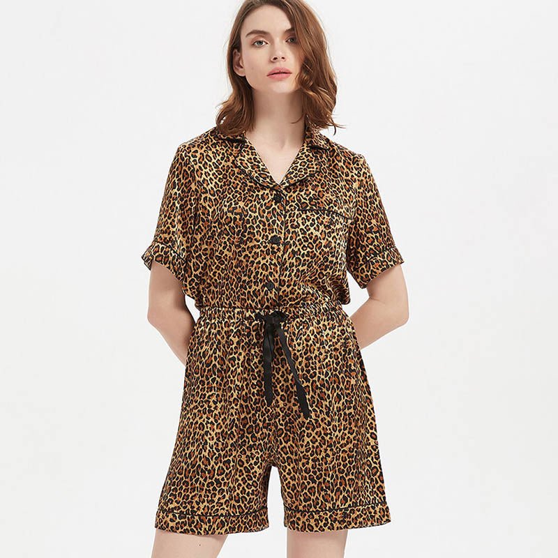 Two - piece Leopard Printed Silk Pajama Shorts Set