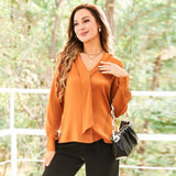 22 Momme V Neck & Ribbon Silk Blouse For Women Elegant Long Sleeves Silk Shirt - slipintosoft