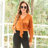 22 Momme V Neck & Ribbon Silk Blouse For Women Elegant Long Sleeves Silk Shirt - slipintosoft