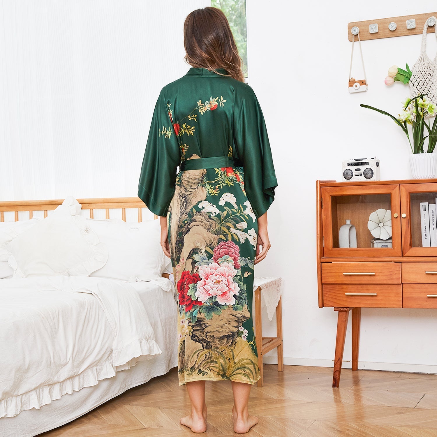 Vintage Floral Pattern Women Luxury Long 100% Pure Mulberry Silk Kimono Robe - slipintosoft