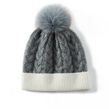 Warm Pure Cashmere Hat for Women Mixed Colors Cashmere Beanie with Fur Pom