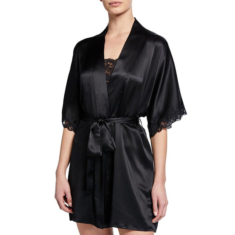 Women Black Mulberry Silk Mid - sleeve Robe With Lace