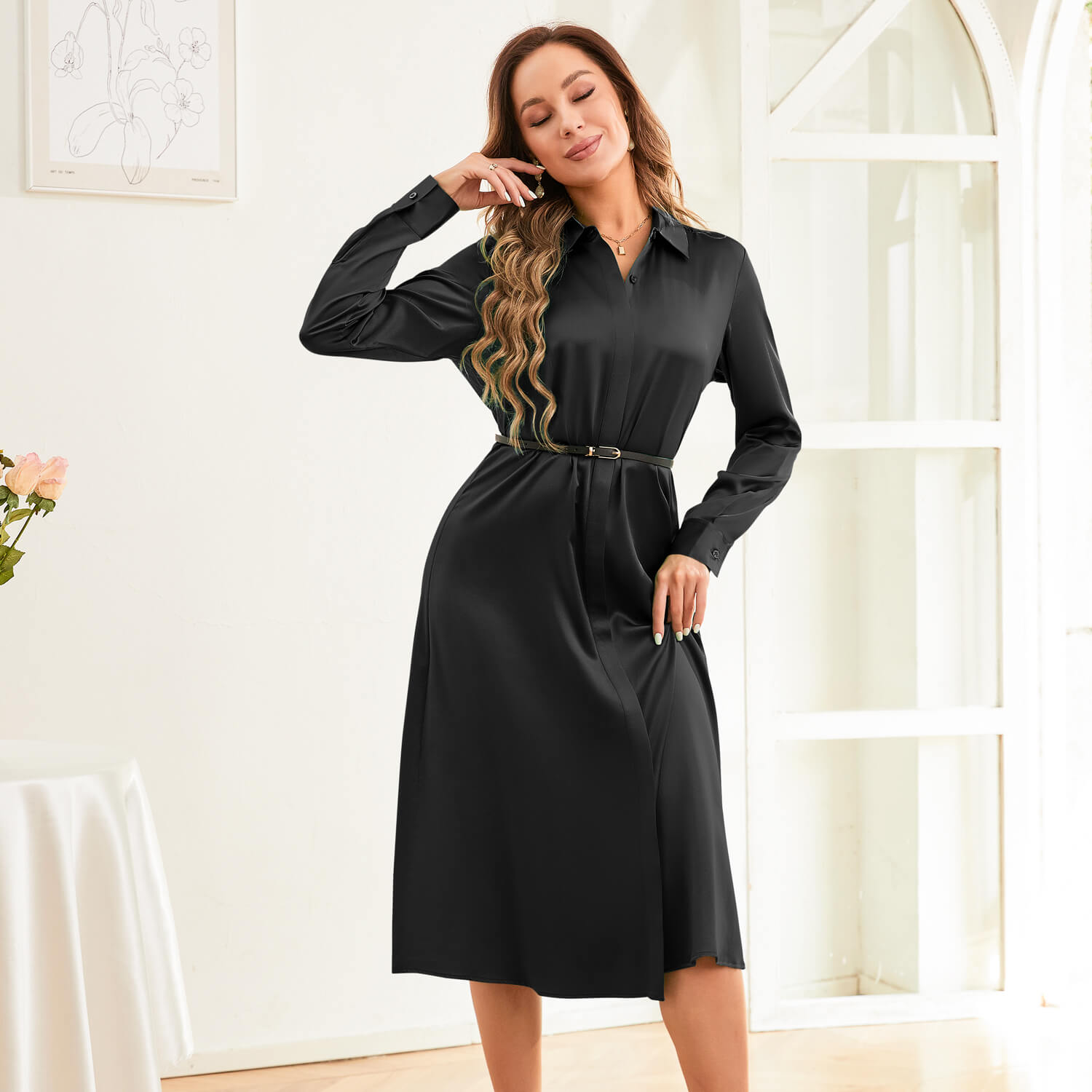 Women Black Pure Silk Dresses 100% Real Long Sleeve Mulberry Silk Dress - slipintosoft