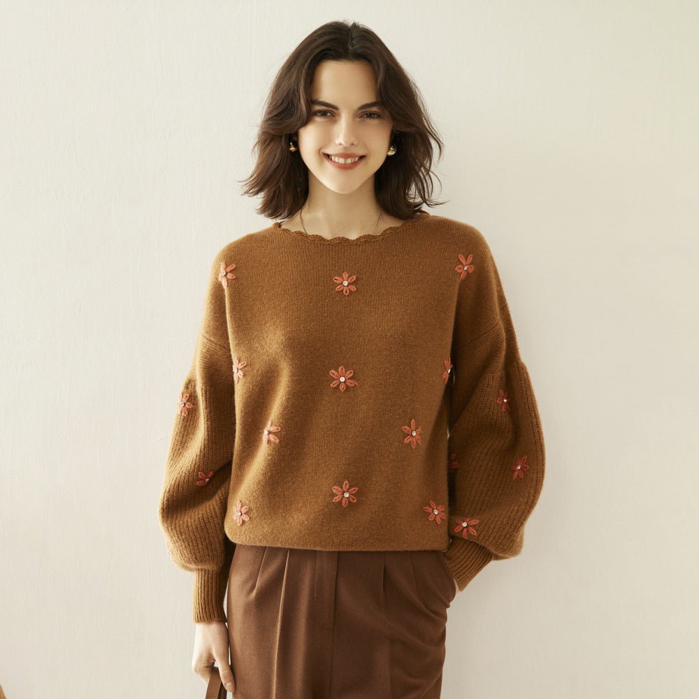 Women Crew Neck Cashmere Sweater Lantern Sleeve Embroidery Crochet Cashmere Tops Wool Cashmere Sweater