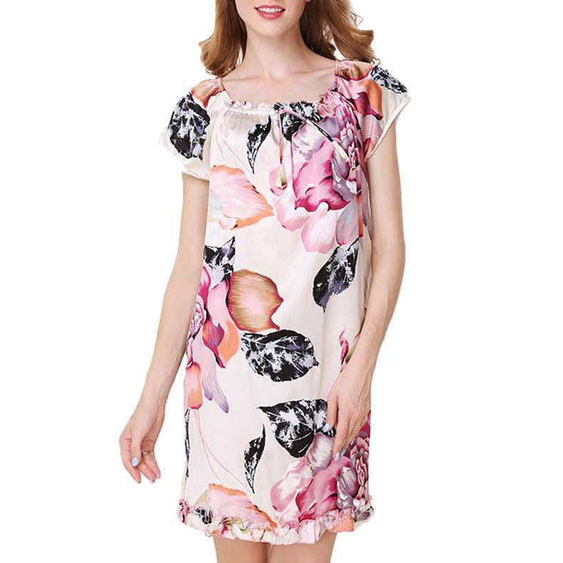 Women Floral Printed Loose Silk Nightgown Round Neck silk Dresses